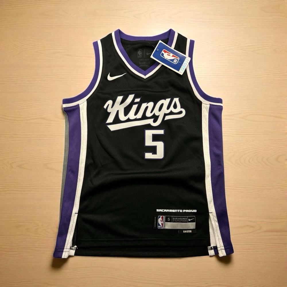 Fox #5 Dri Fit Nike Kings Black and Purple Basketball Jersey L 14/16